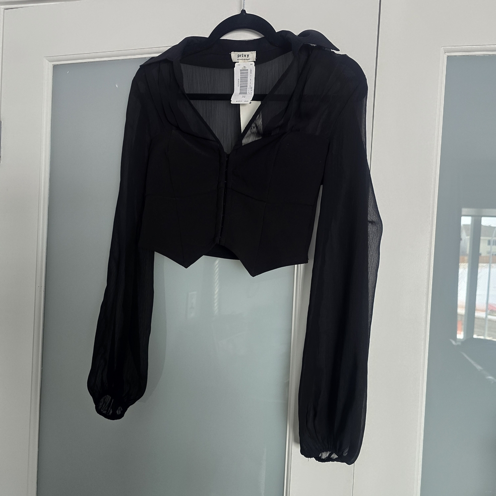 privy Black Sheer Long Sleeve Cropped Bustier Top